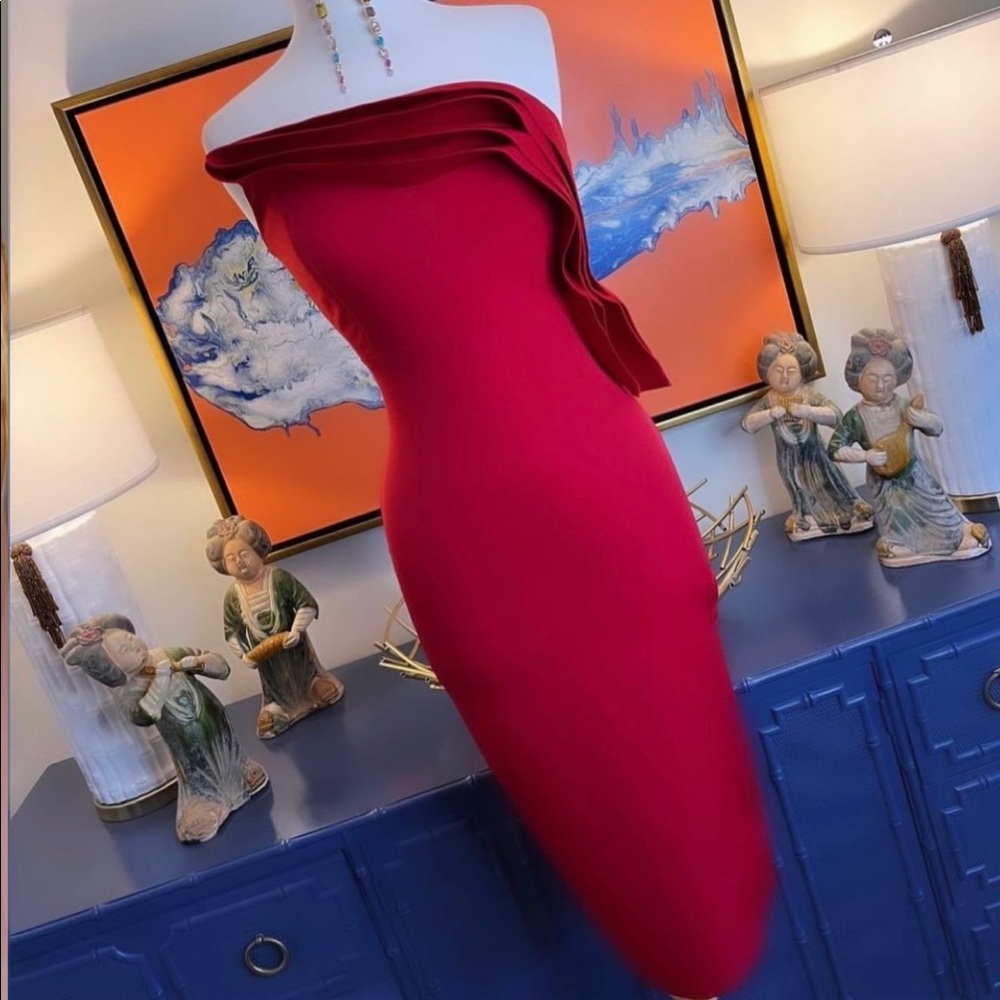 Red Asymmetrical Neckline Strapless Dress